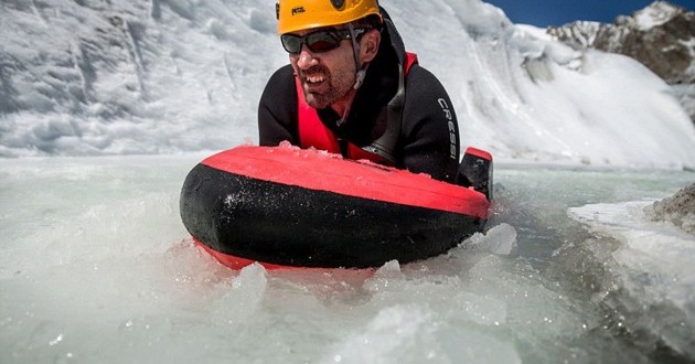Body boarding on glacier ice water